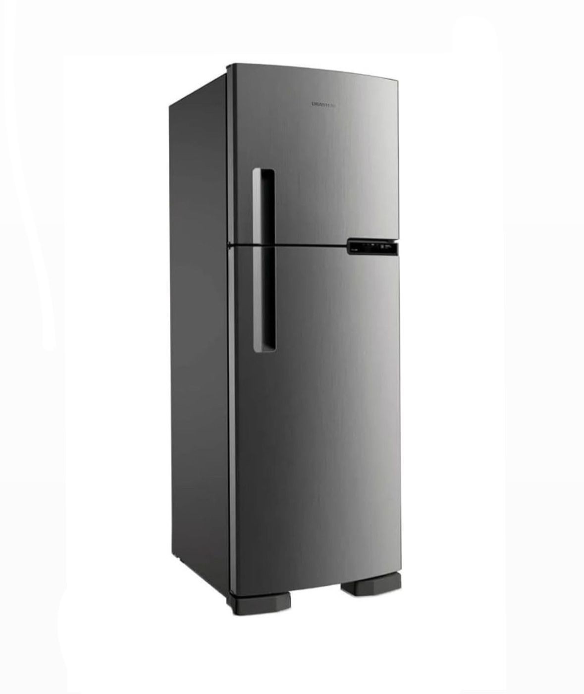 Modern stainless steel double-door refrigerator with a sleek design and digital control panel on the upper door.