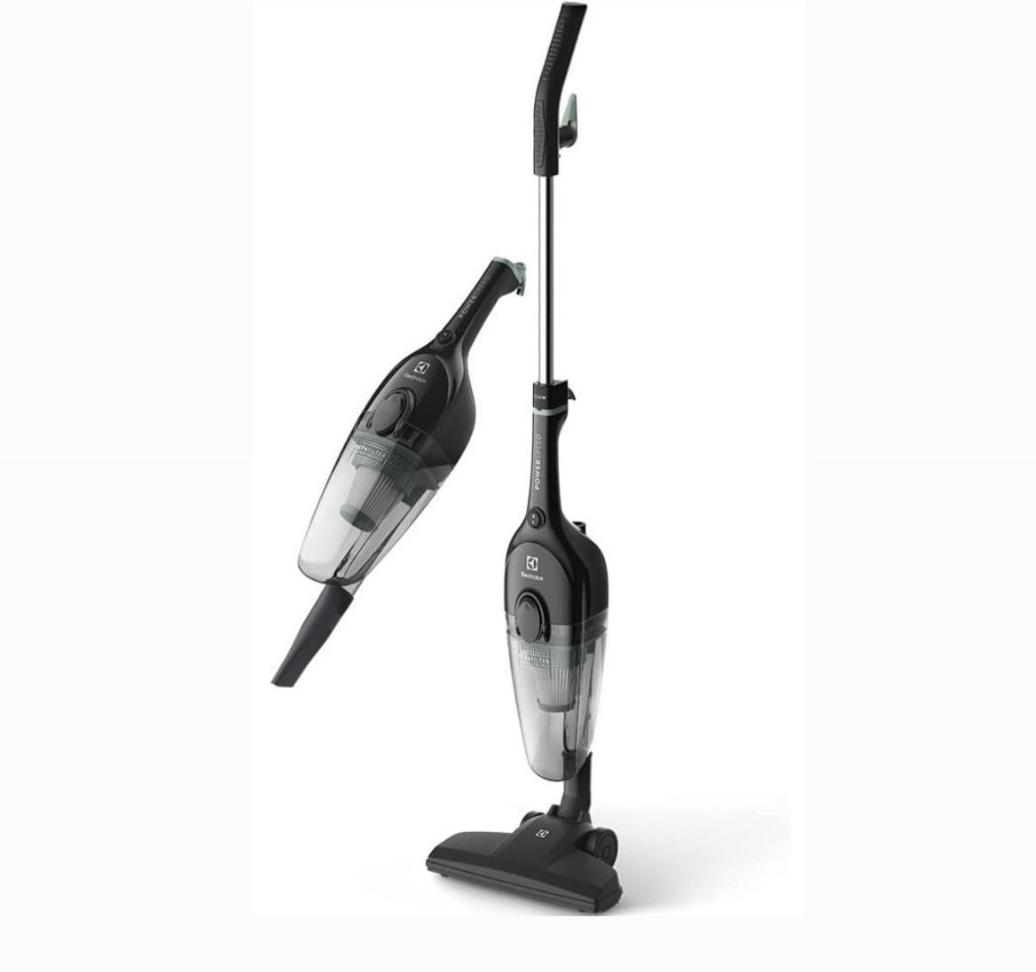 Black and silver stick vacuum cleaner shown upright and with the handheld unit detached.