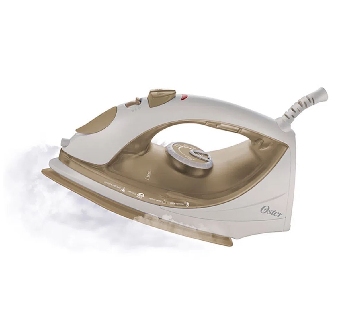 Steam iron in beige and white with steam emitting from the soleplate.