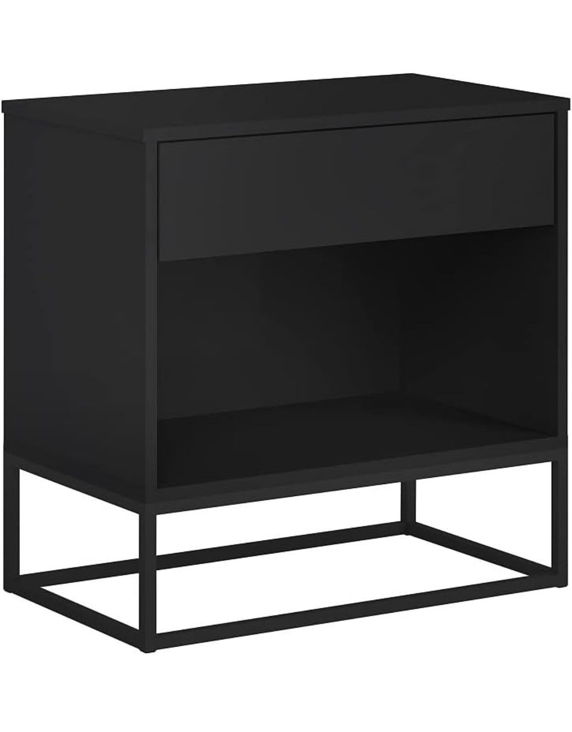 Black modern nightstand with a drawer and open storage compartment, featuring a minimalist metal frame base.