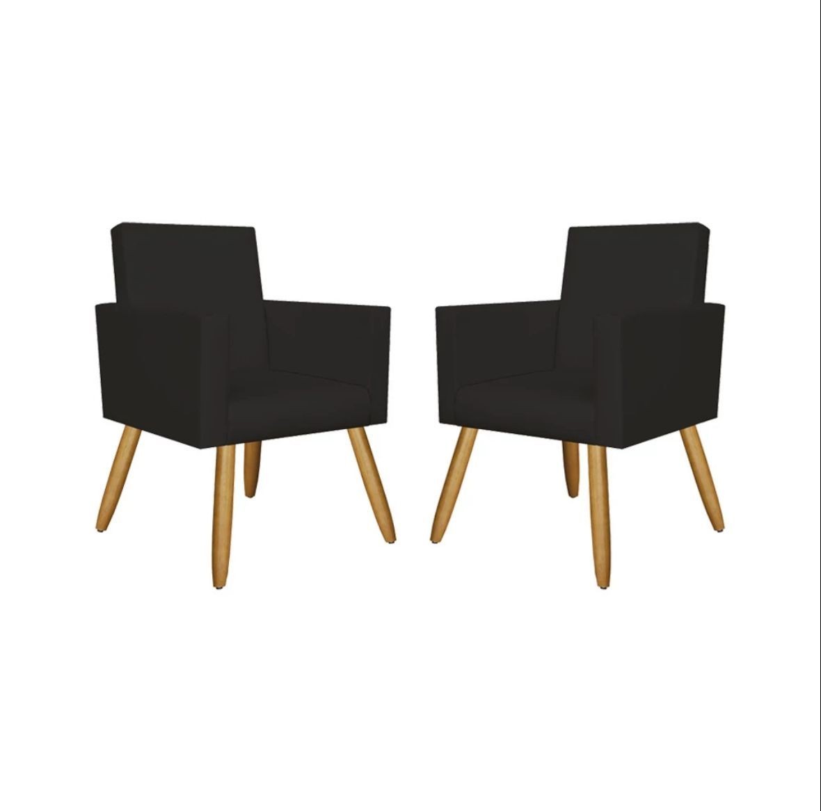 Pair of black upholstered armchairs with wooden legs on a white background.