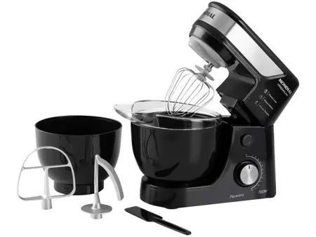 Black kitchen stand mixer with detachable bowl and multiple attachments including whisk and paddle.