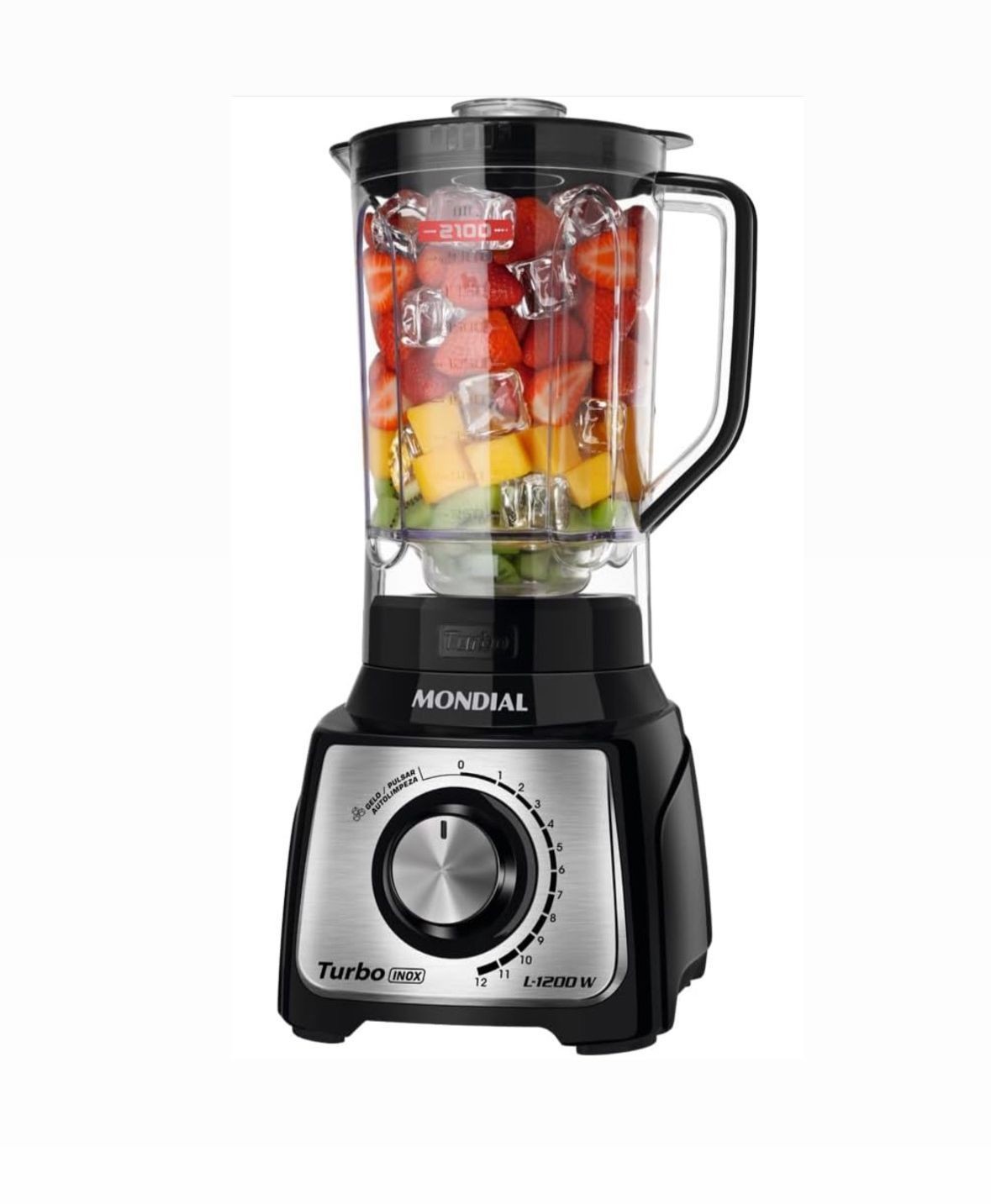 Black and silver blender filled with assorted fruits and ice, featuring a control dial on the base.