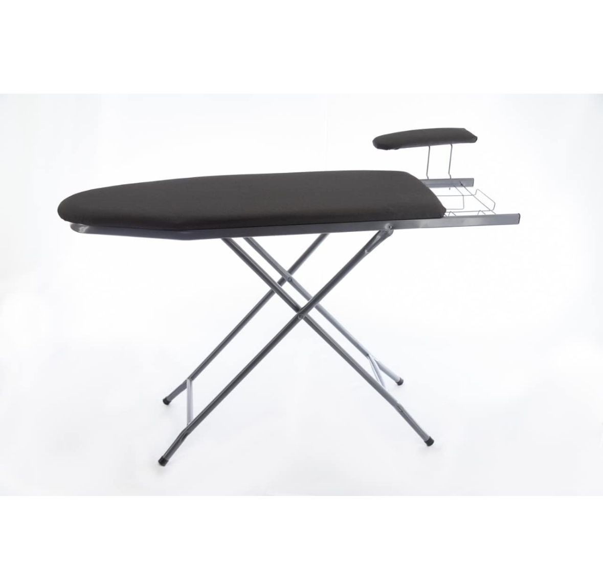 Black ironing board with a built-in extension for sleeves and metal legs, against a white background.