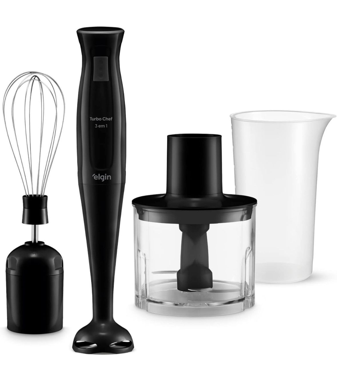 Black hand blender set with whisk, chopper attachment, and measuring cup.