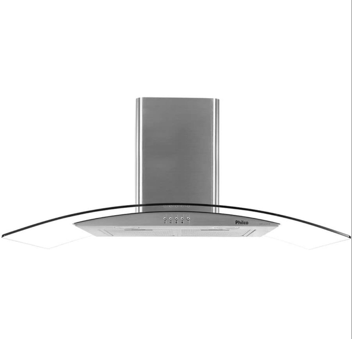 Stainless steel range hood with curved glass canopy and control buttons.