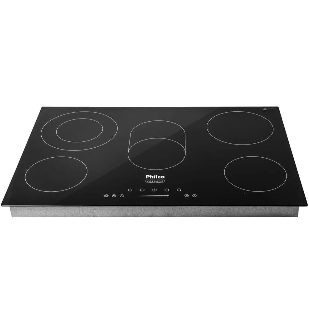 Black glass induction cooktop with four cooking zones and touch controls.